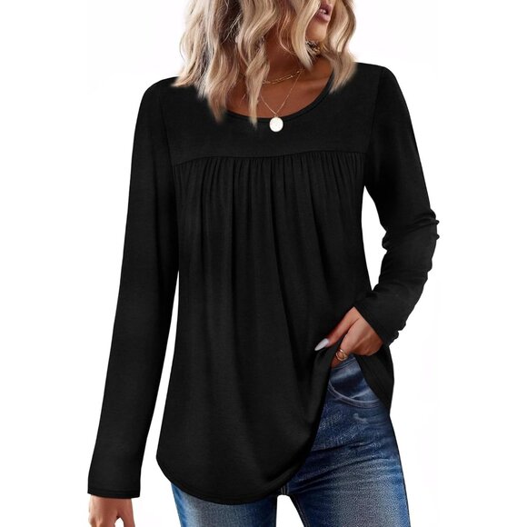 Long Sleeve Shirts for Women Pleated Fall Tops Crewneck Casual Tunic Tops to Wea - Picture 2 of 5